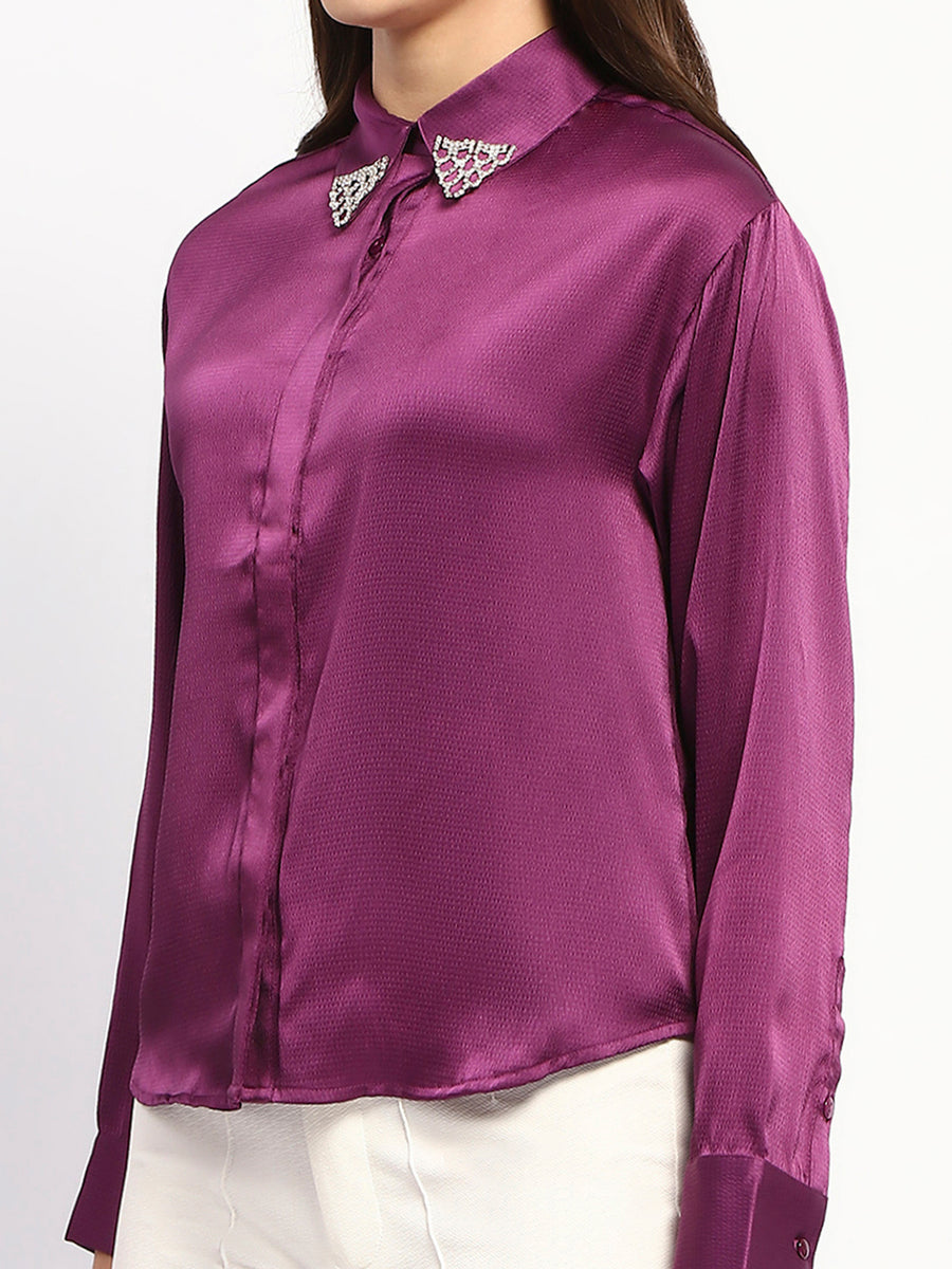 Madame Embellished Collar Cuff Sleeve Solid Purple Shirt