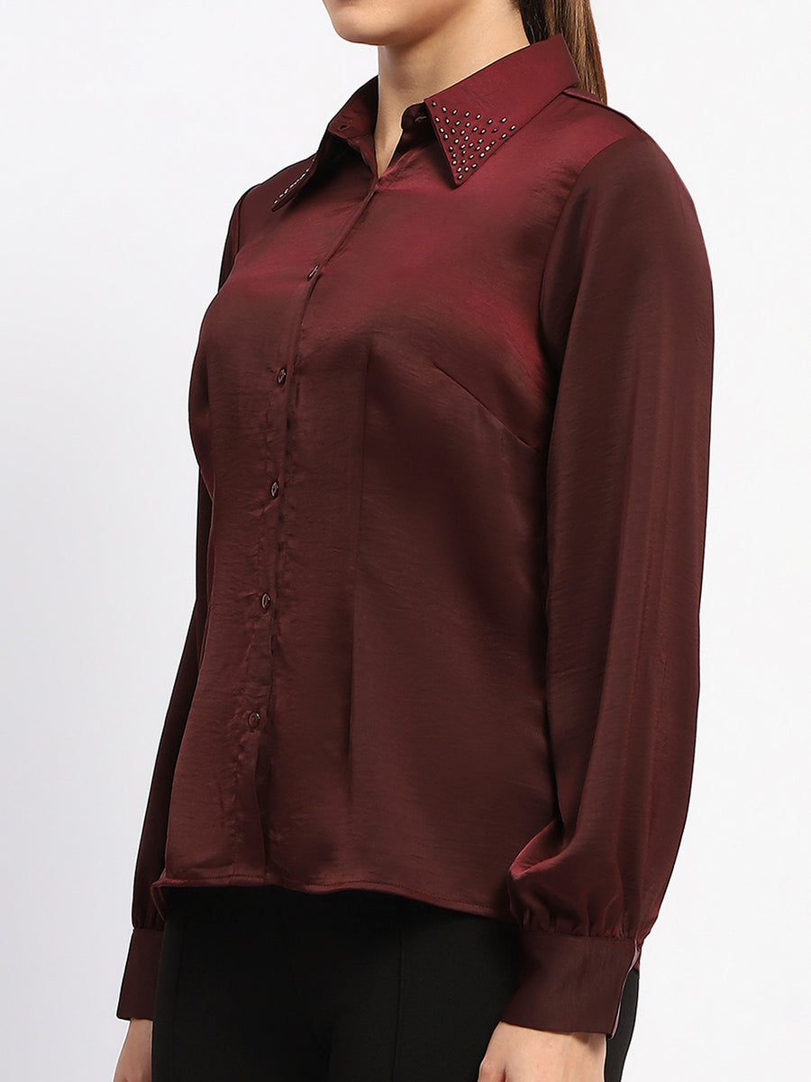 Madame Wine Embellished Collar Button-Up Shirt