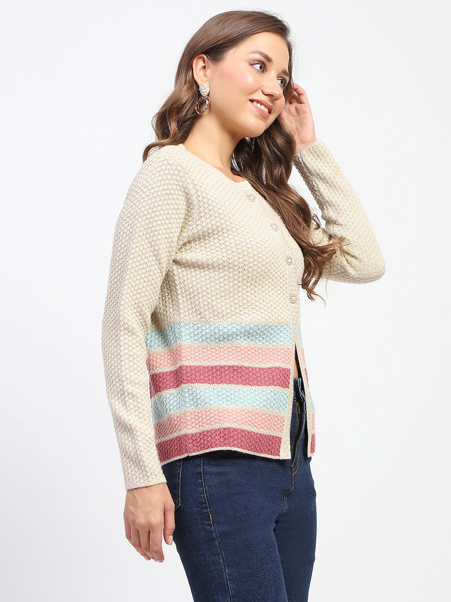 Madame Beige Striped Buttoned Cardigan