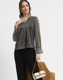 Madame Ruffle Sleeve Black Shimmery Top