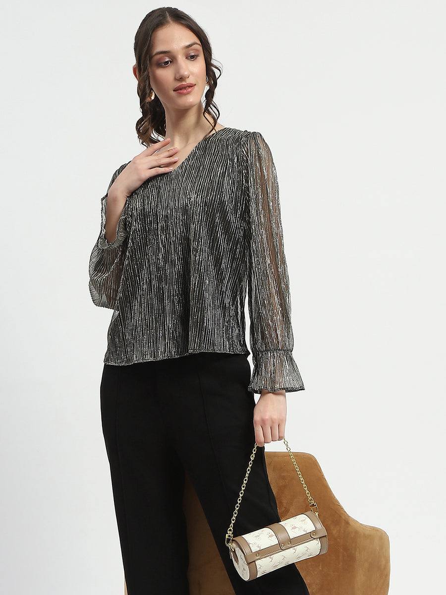 Madame Ruffle Sleeve Black Shimmery Top