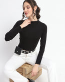 Madame High Neck Full Sleeve Solid Black Top