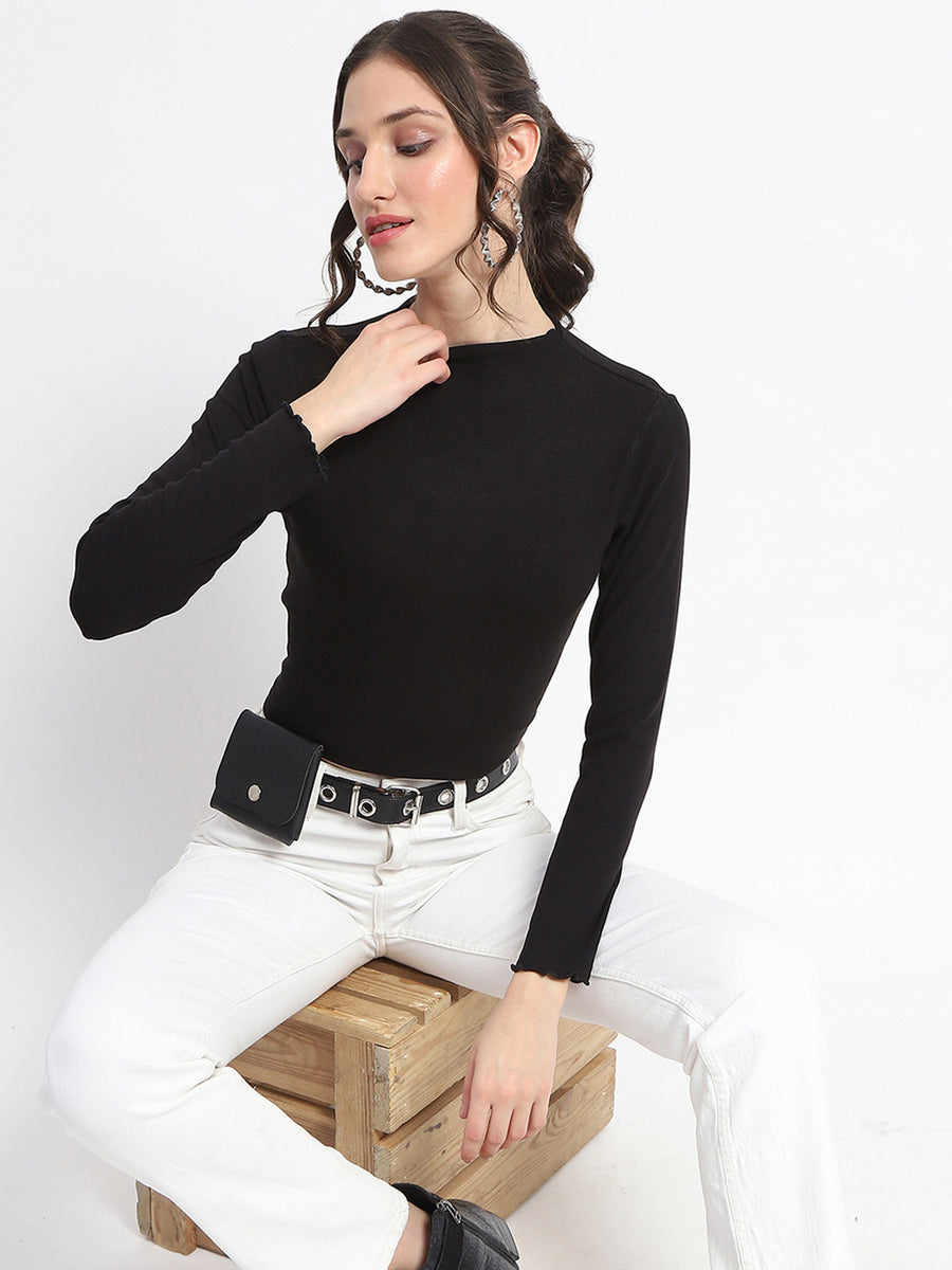 Madame High Neck Full Sleeve Solid Black Top