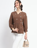 Madame Solid Chocolate Brown Embroidery Detailed Cotton Top