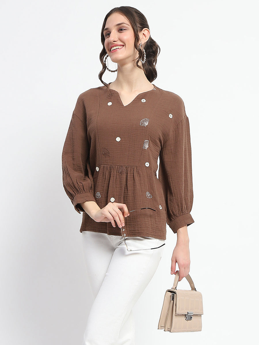 Madame Solid Chocolate Brown Embroidery Detailed Cotton Top