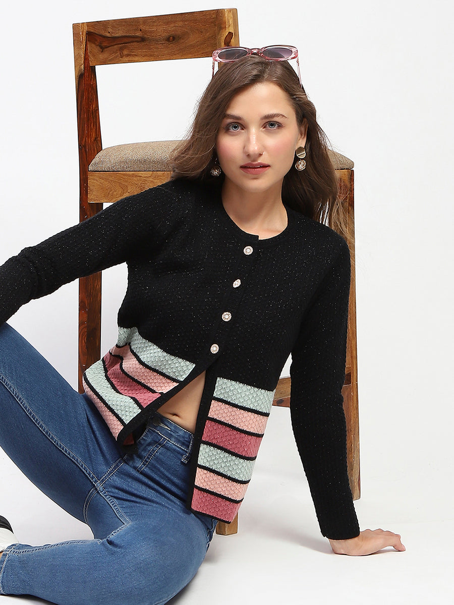 Madame Black Striped Buttoned Cardigan