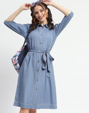 Madame Cotton Blend Belted Waist Blue Midi Shirt Dress