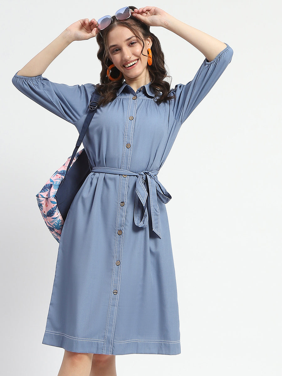 Madame Cotton Blend Belted Waist Blue Midi Shirt Dress