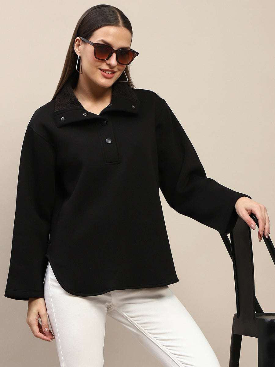 Madame Fleece Fur Attached Buttoned Black Zipper Sweatshirt