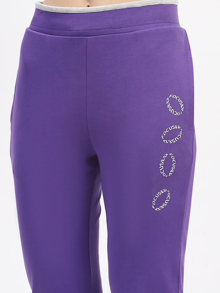 mSECRET Typography Adorned Elastic Waisted Cotton Purple Track Bottoms