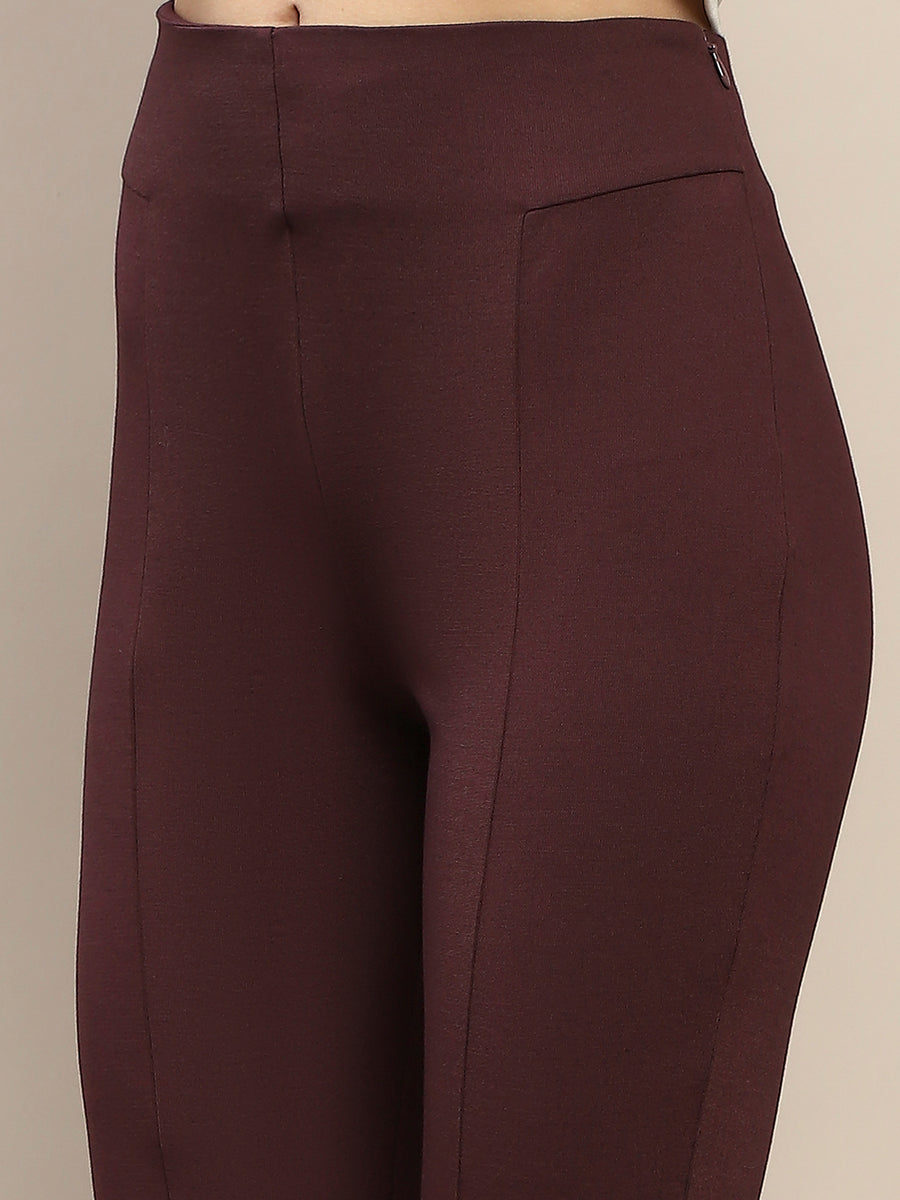 Madame Pleated Solid Wine Red Rayon Blend Jeggings