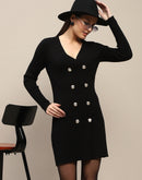 Madame Double Breasted V Neck Black Knitted Mini Dress