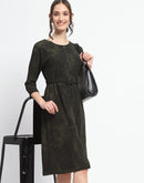 Madame Front Zip Detailed Printed Olive Midi Dress