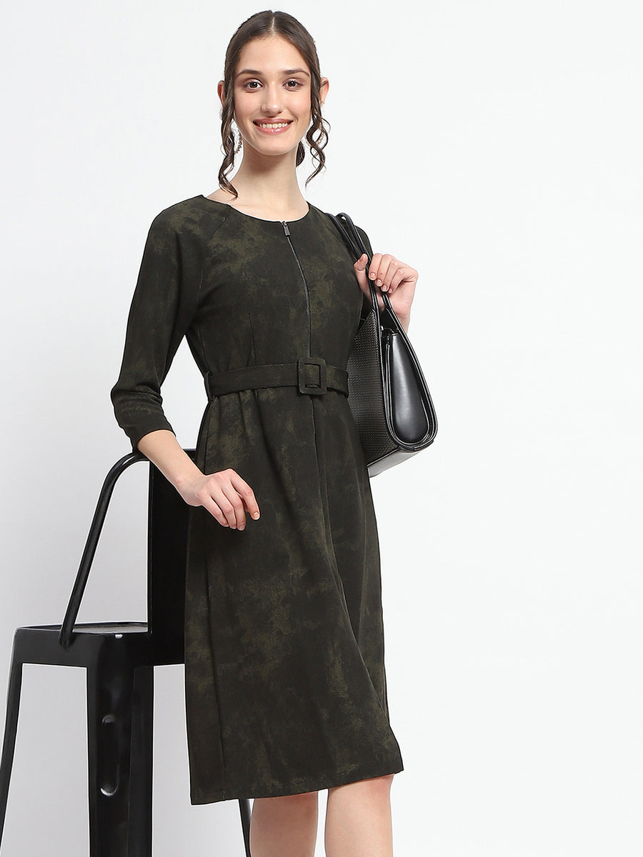 Madame Front Zip Detailed Printed Olive Midi Dress