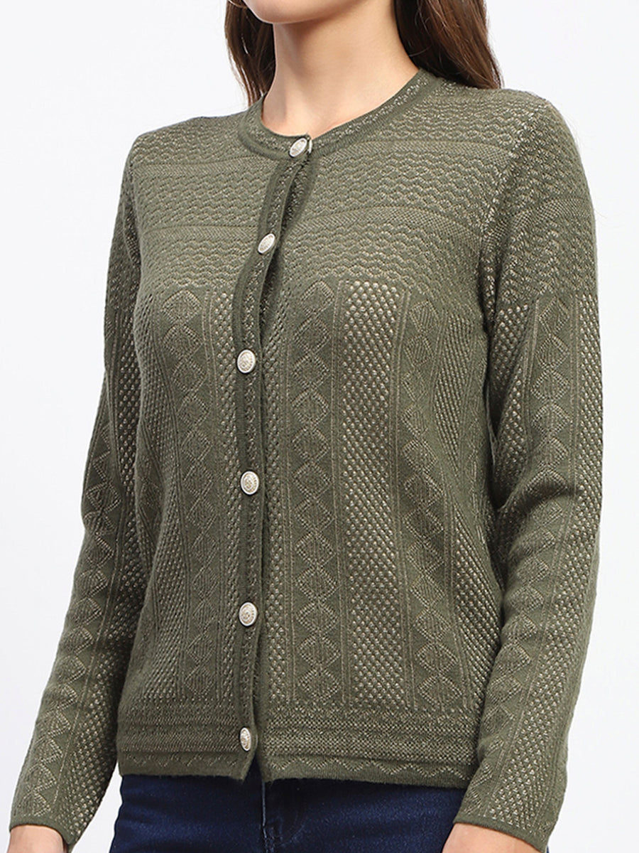 Madame Self-Designed Crew Neck Button Down Olive Green Cardigan