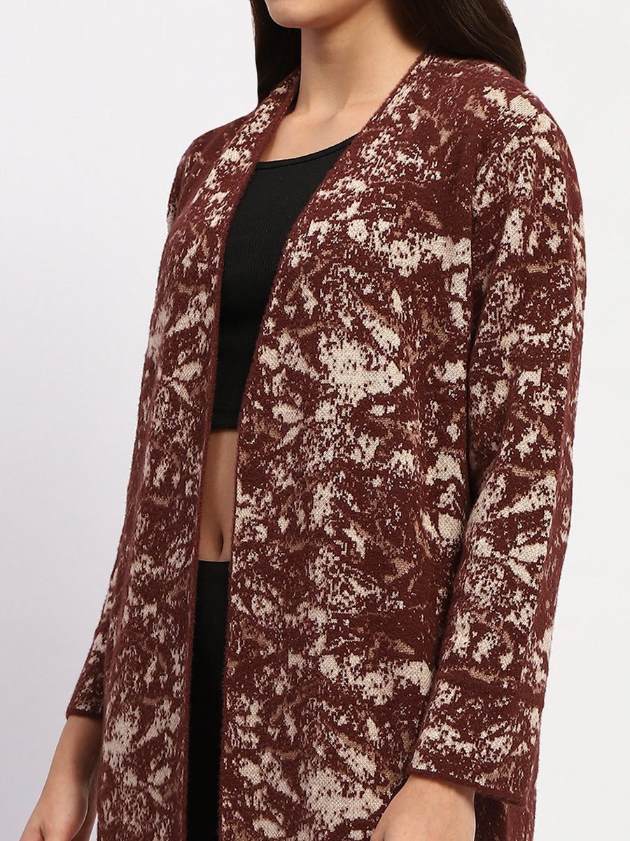 Madame Abstract Print Open Front Chocolate Brown Long Shrug