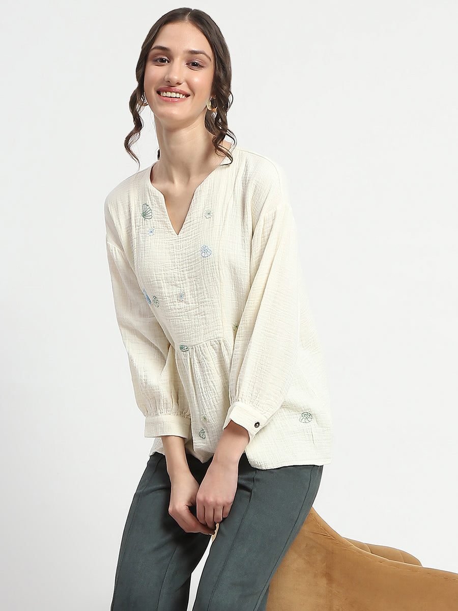 Madame Embroidered Boho Cotton Beige Top