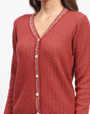 Madame Geometric Pattern V Neck Rust Cardigan