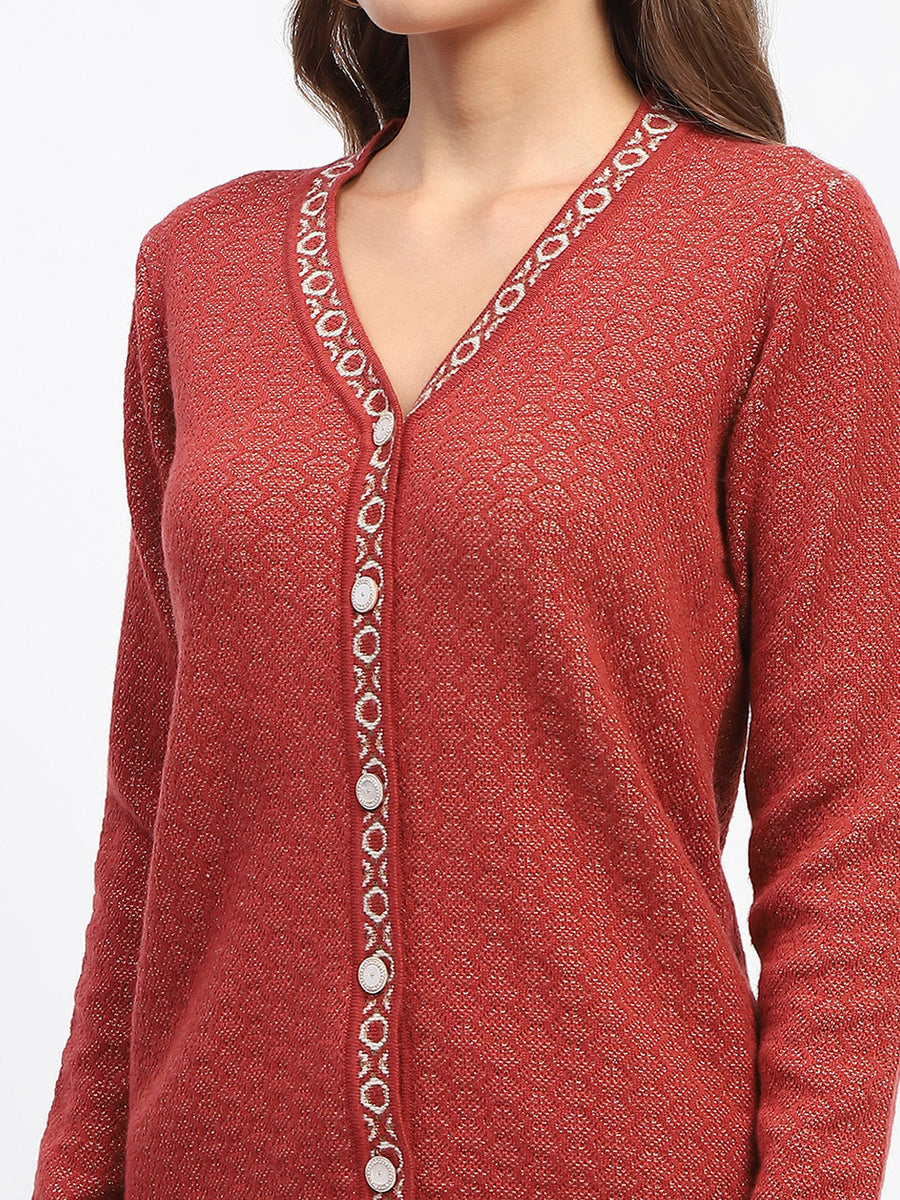 Madame Geometric Pattern V Neck Rust Cardigan