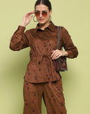 Madame Suede Belted Drawstring Top And Bottom Printed Brown Ensemble