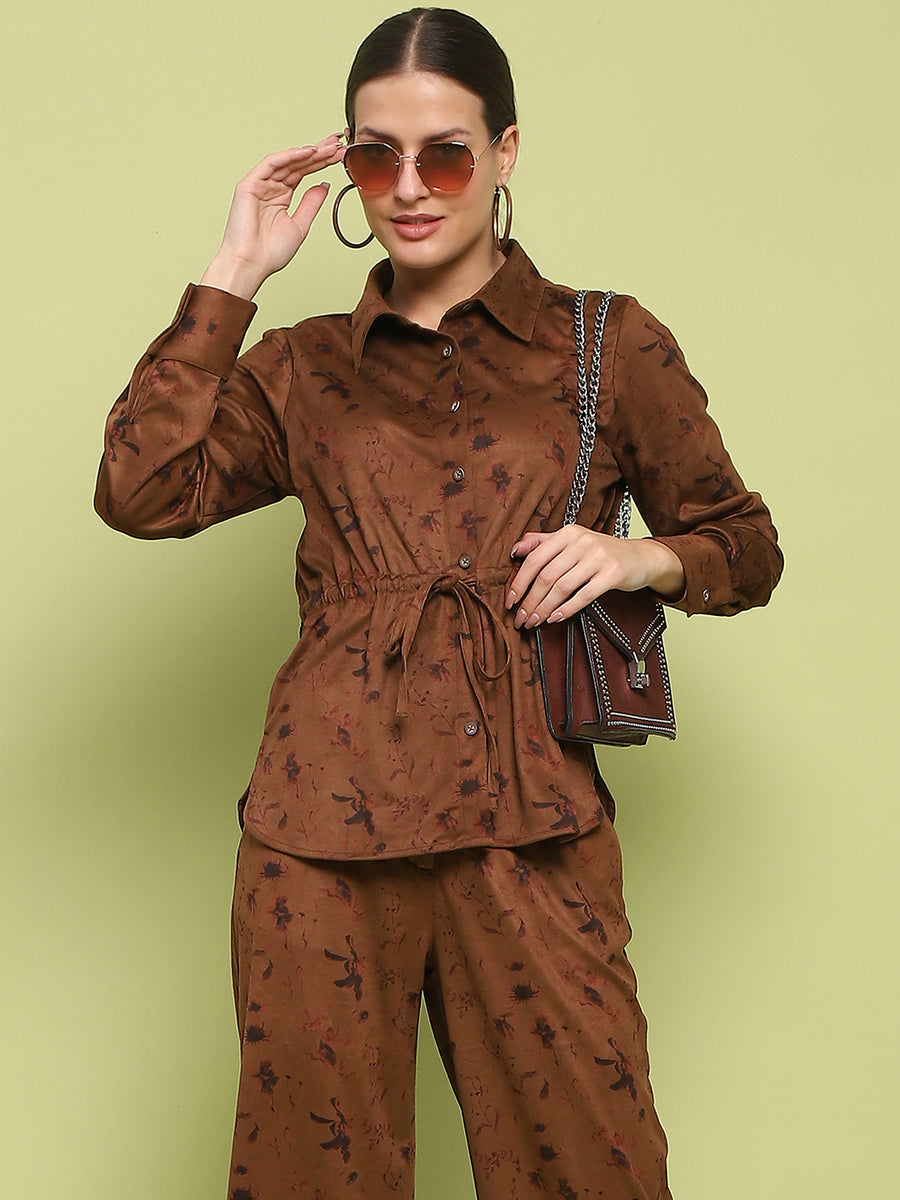 Madame Suede Belted Drawstring Top And Bottom Printed Brown Ensemble