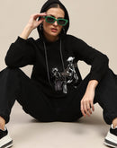 Madame Fleece Placement Print Black Hooded Sweatshirt