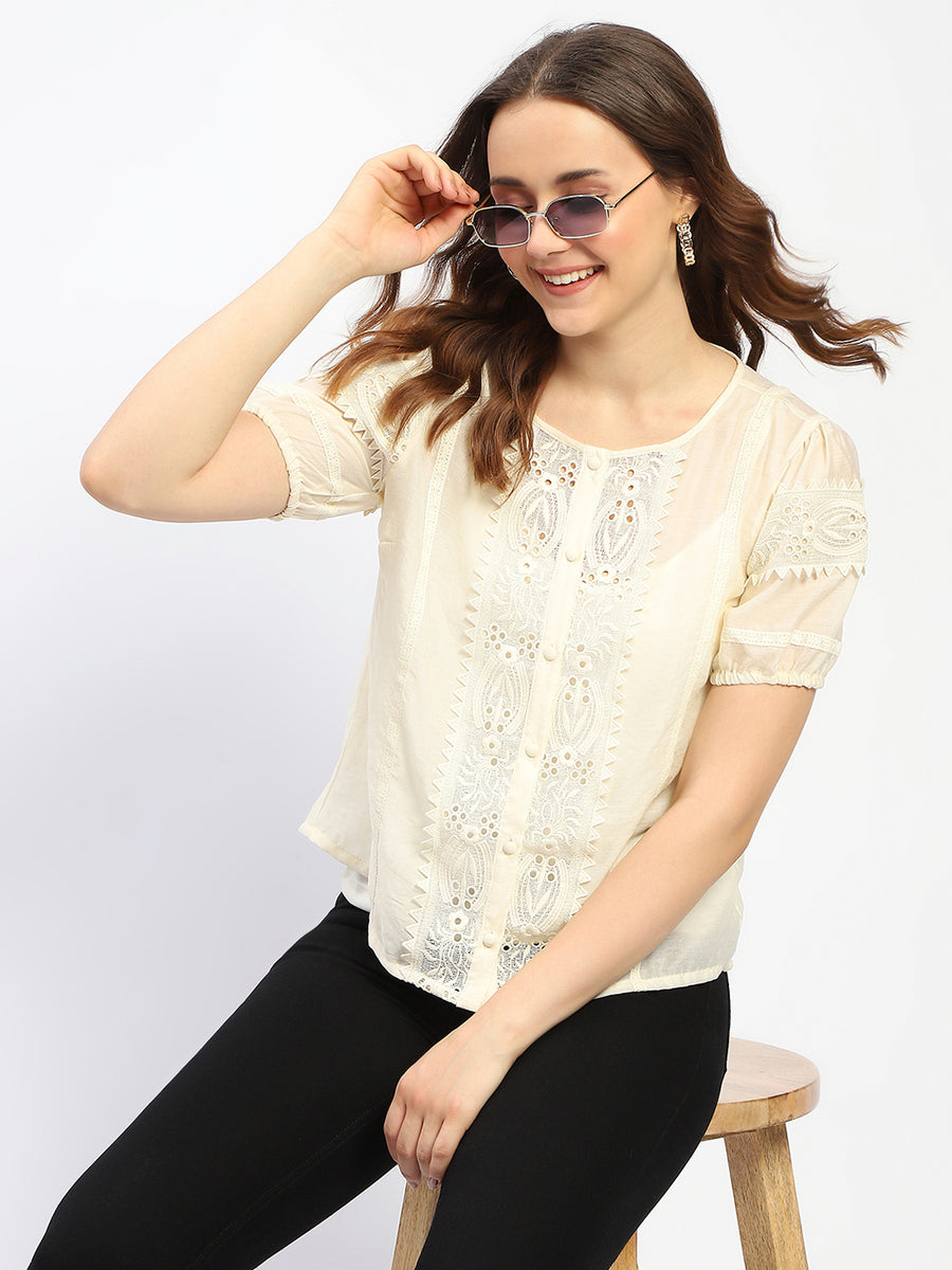 Madame Semi Sheer Off White Laced Cotton Top