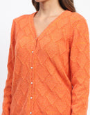 Madame Geometric Pattern V Neck Orange Cardigan