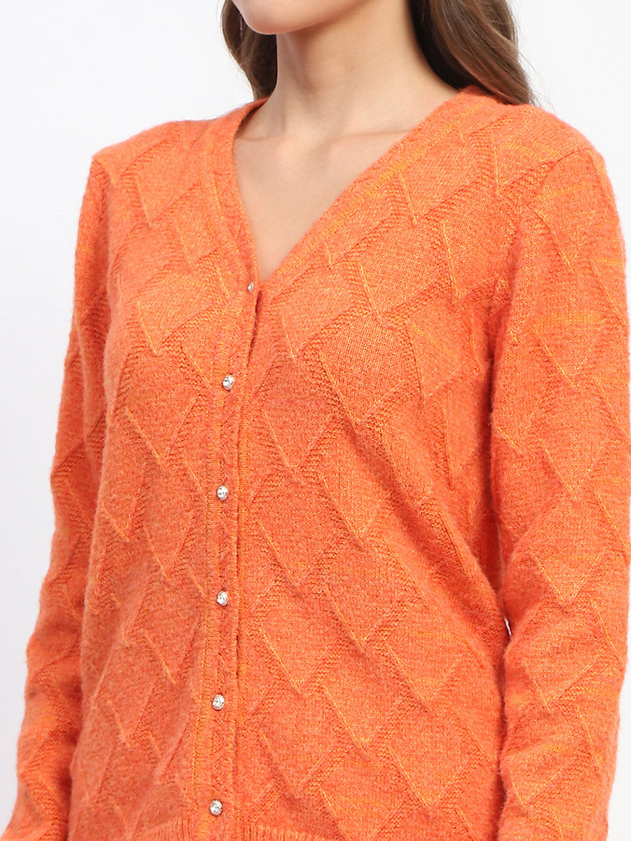 Madame Geometric Pattern V Neck Orange Cardigan