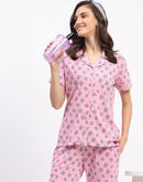 mSECRET Pink Button-Down Night Suit Set with Blue Floral Print