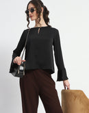 Madame Solid Black Ruffle Sleeve Satin Top