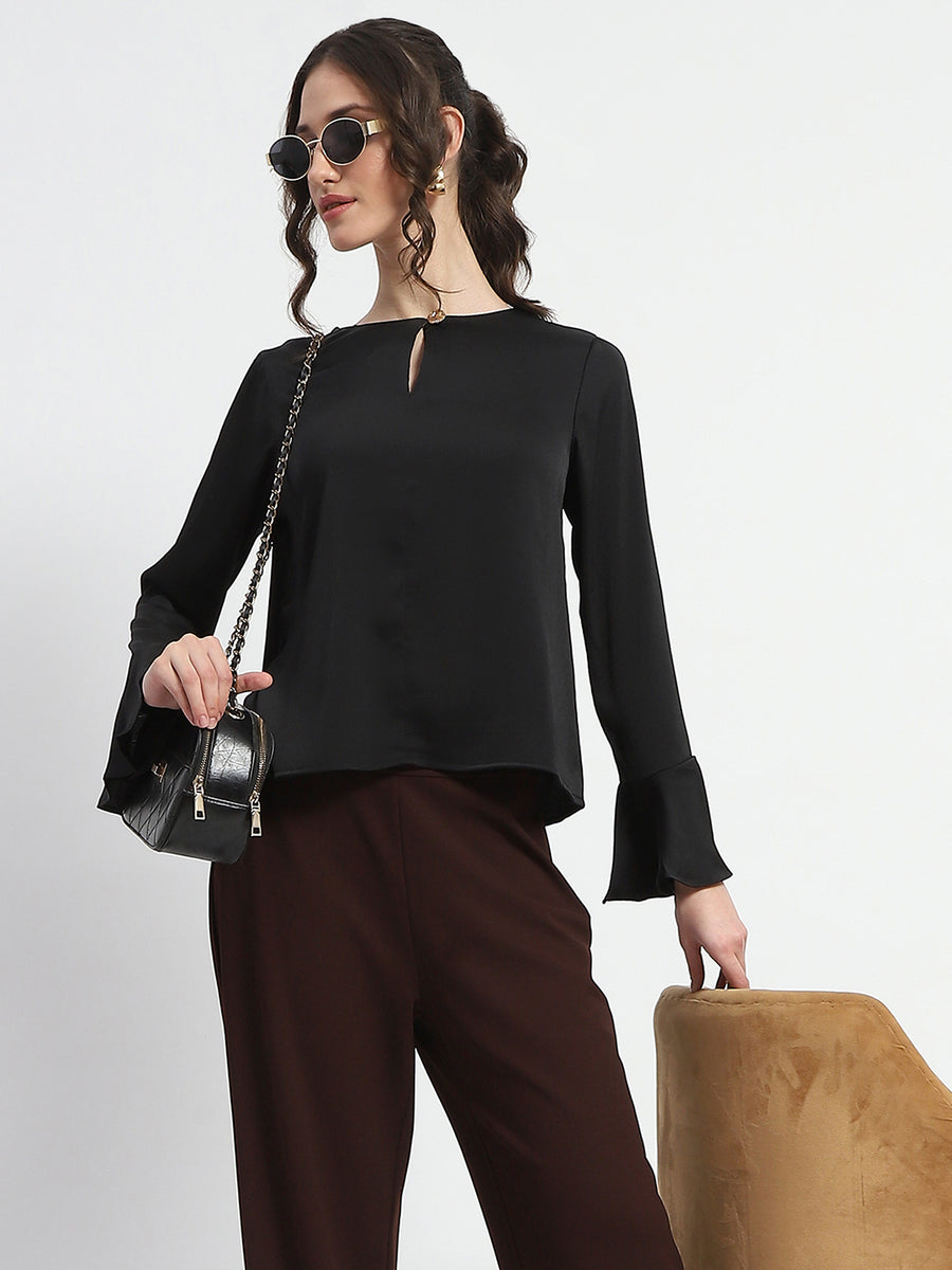 Madame Solid Black Ruffle Sleeve Satin Top