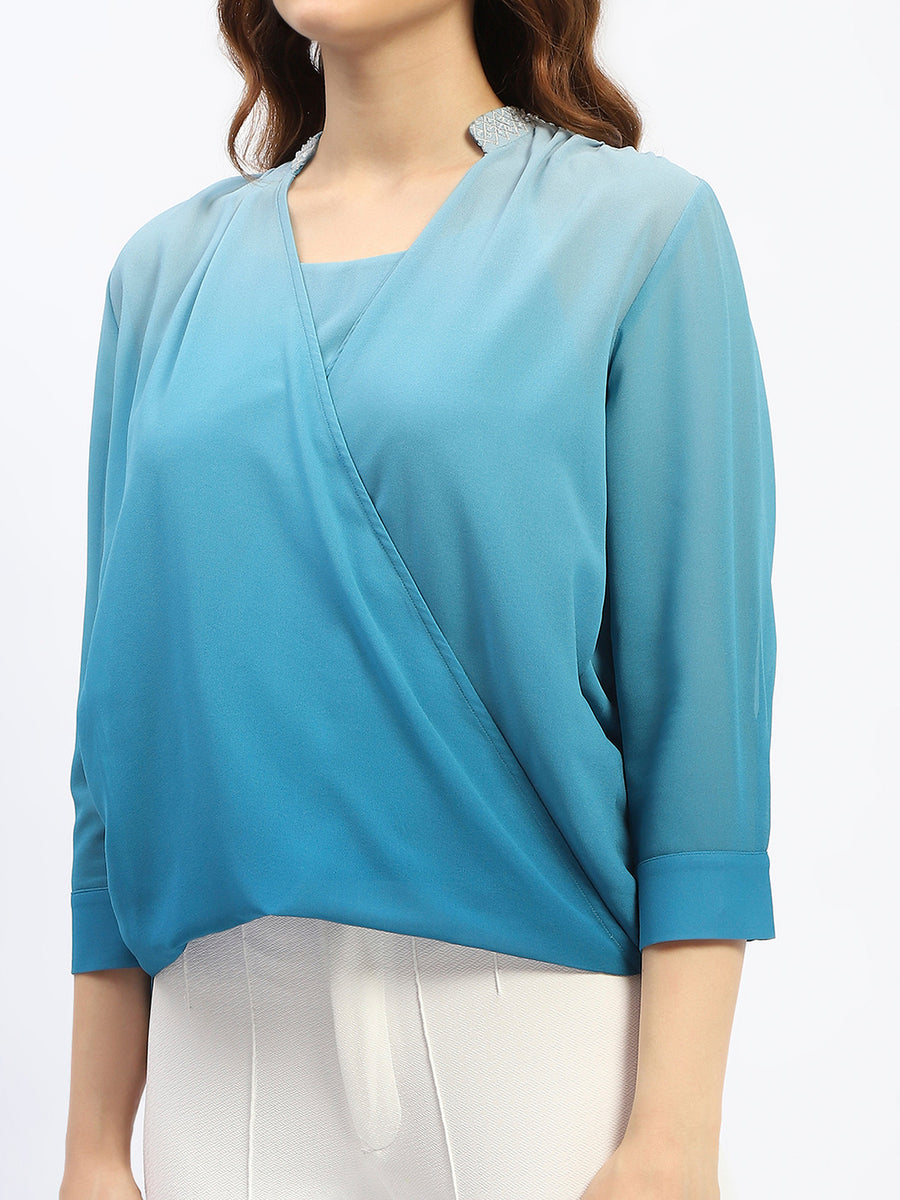 Madame Ombre Teal Mandarin Neck Drape Top