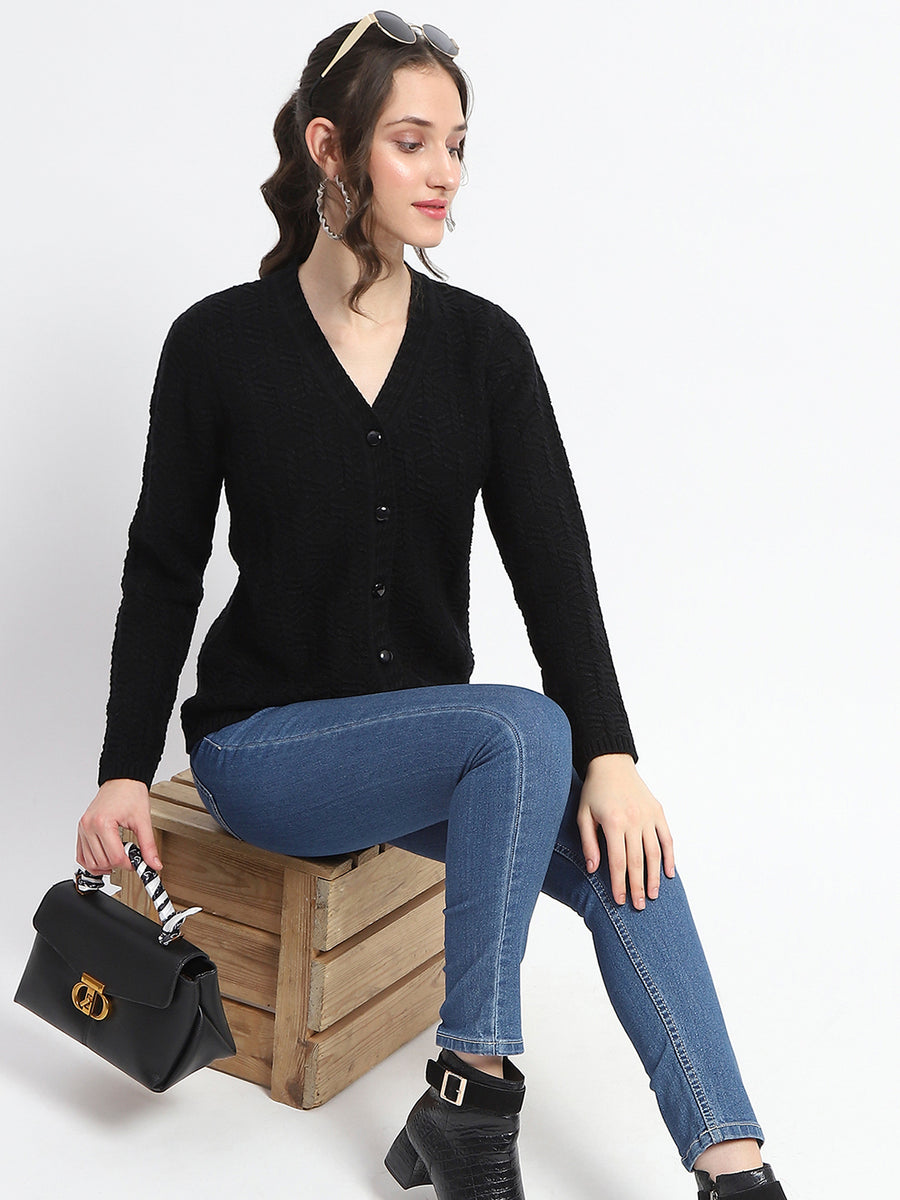 Madame Cable Knit V Neck Black Acrylic Blend Cardigan