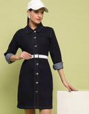 Madame Cotton Blend Belted Dark Indigo Mini Denim Dress