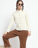 Madame Button Down Cable Knit Solid Beige Cardigan