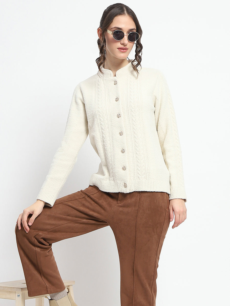 Madame Button Down Cable Knit Solid Beige Cardigan