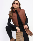 Madame High Neck Sleeveless Brown Crop Puffer Jacket