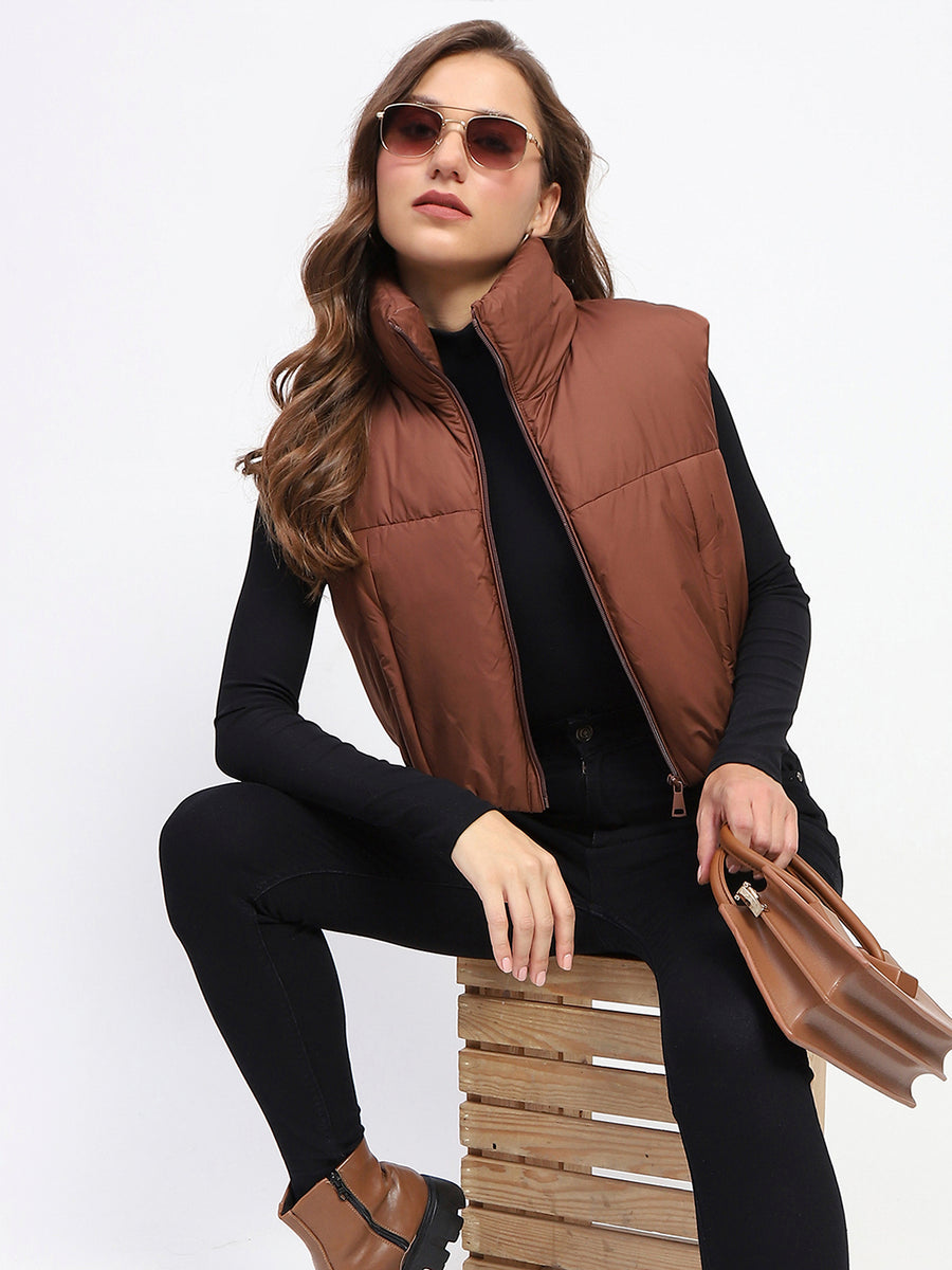 Madame High Neck Sleeveless Brown Crop Puffer Jacket