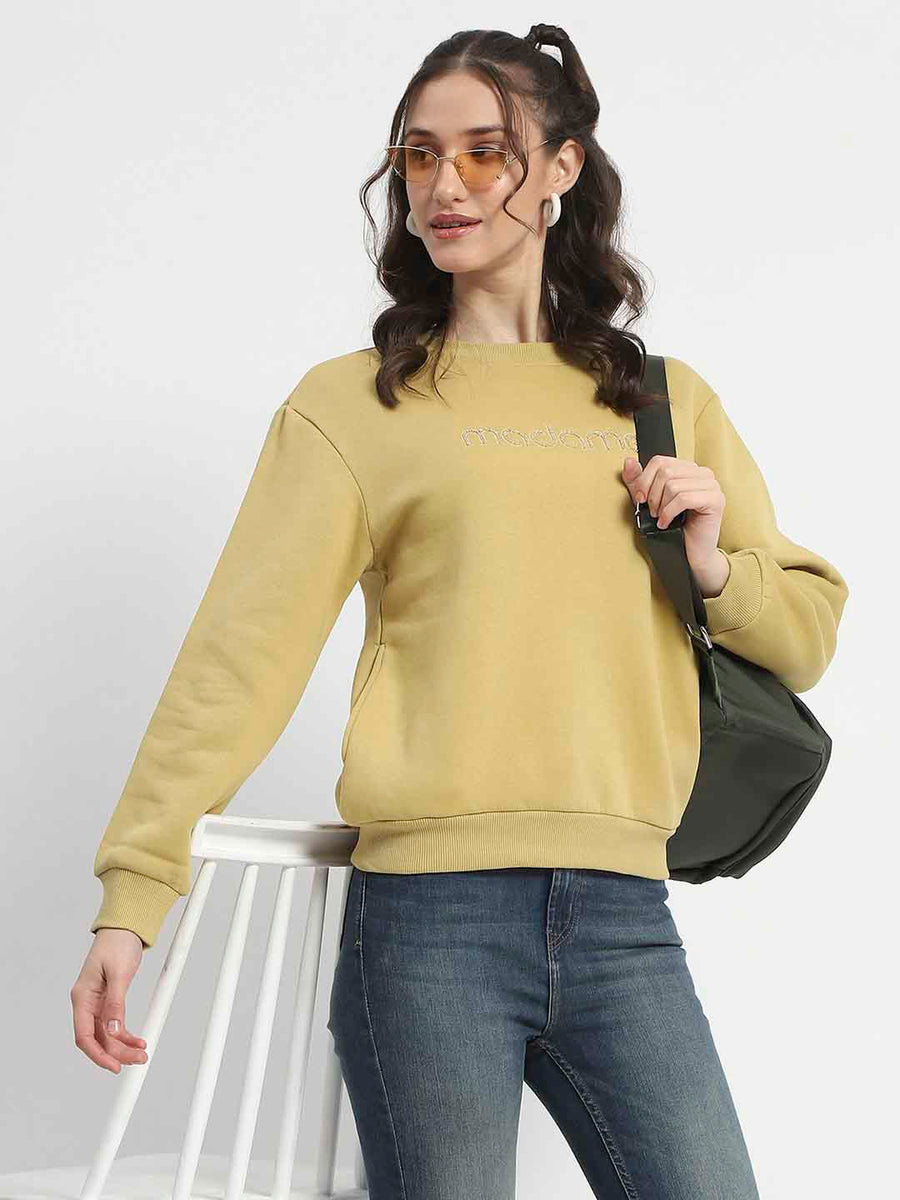 Madame Fleece Handwork And Embroidered Golden Yellow Sweatshirt  For Women