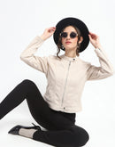 Madame Flap Collared Beige Suede Jacket