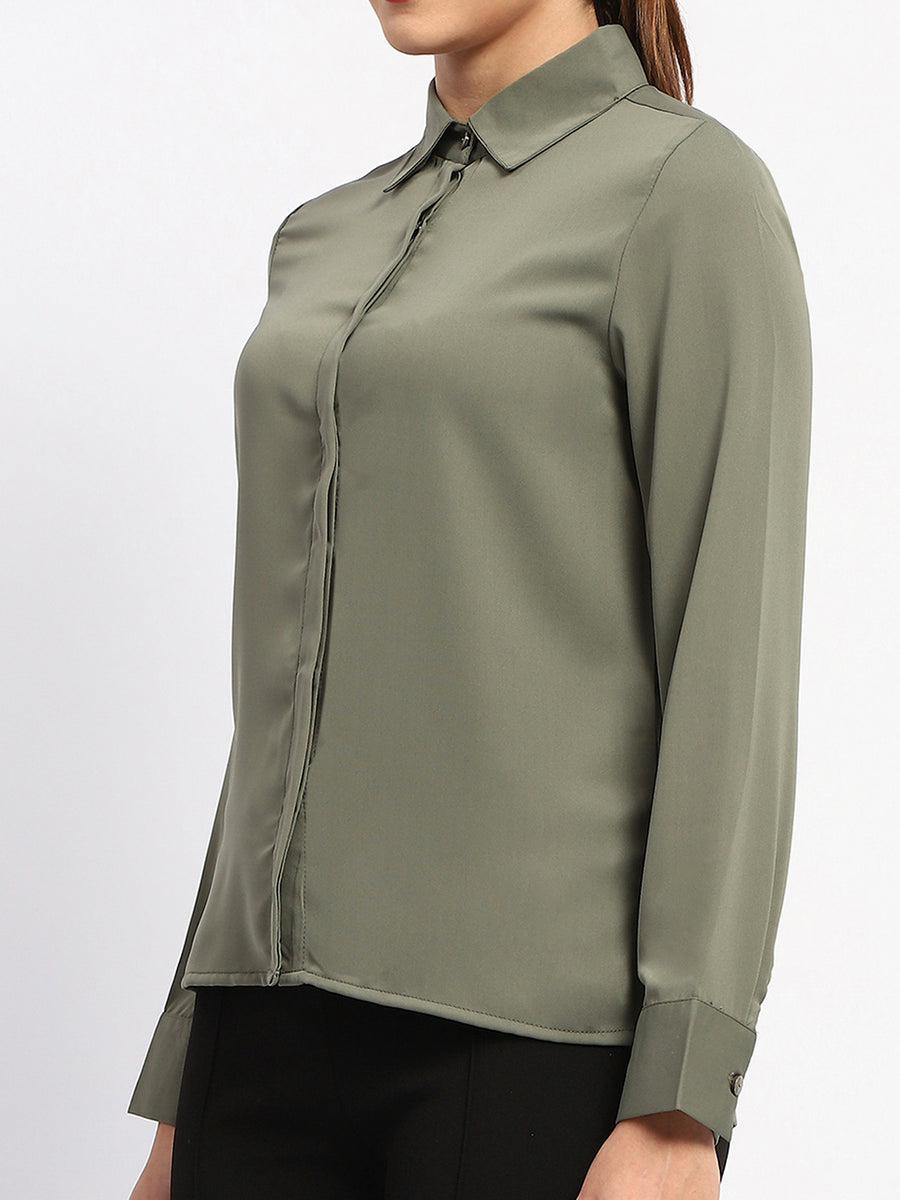 Madame Solid Green Cuff Sleeve Shirt