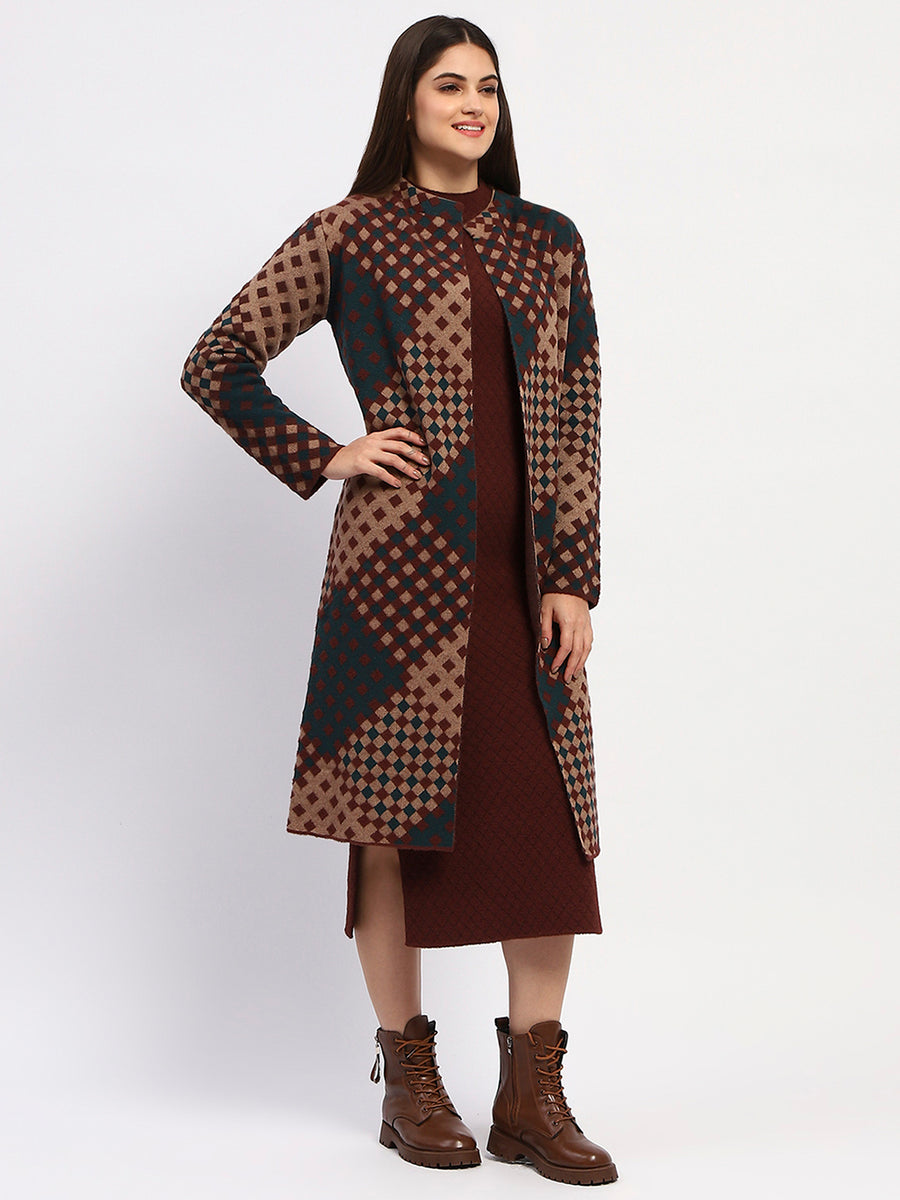 Madame Geometric Print Long Coat And Midi Dress Ensemble