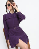 Madame Buckle Detailed Solid Purple Shirt Dress For Women