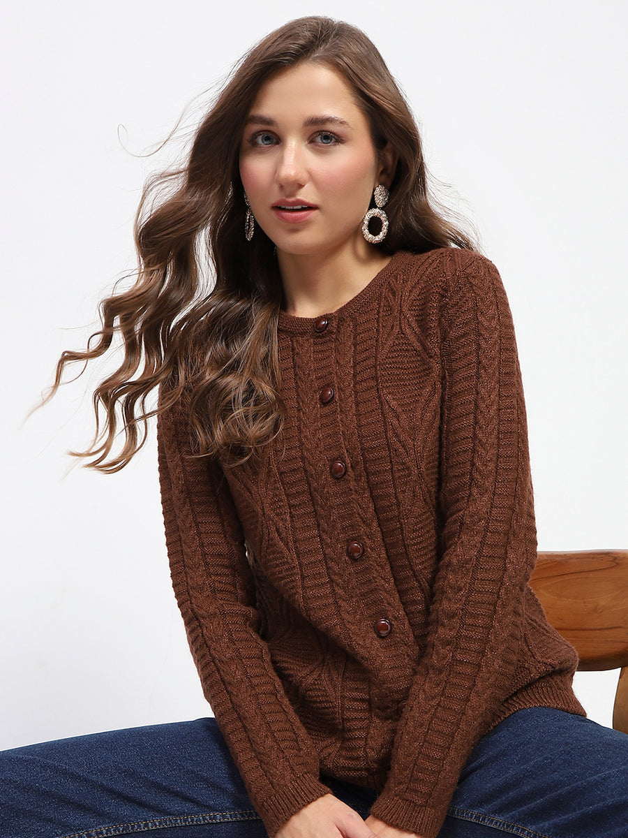 Madame Ribbed Cuff Geometric Pattern Brown Cardigan