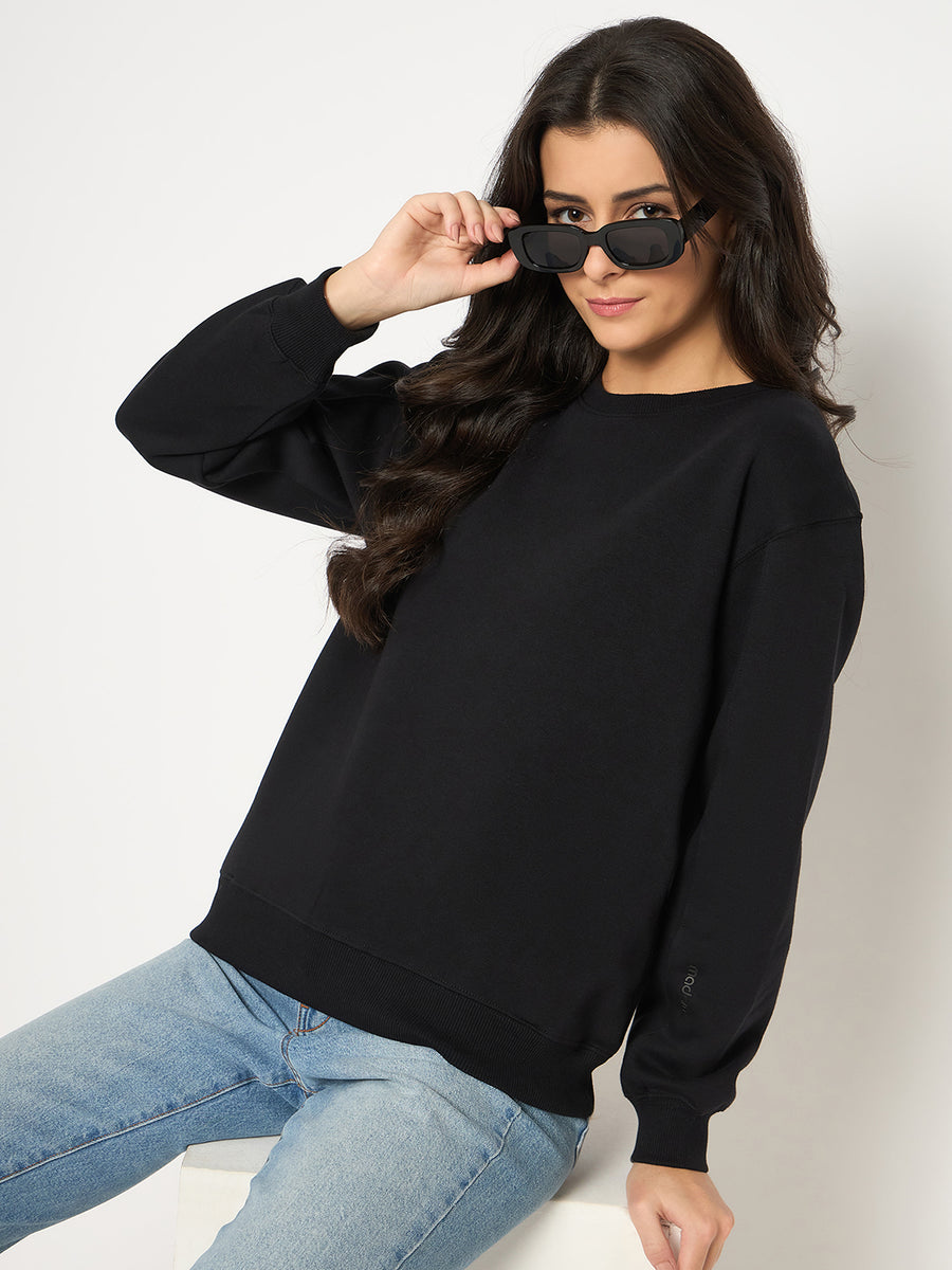 Madame Cotton Blend Solid Black Sweatshirt