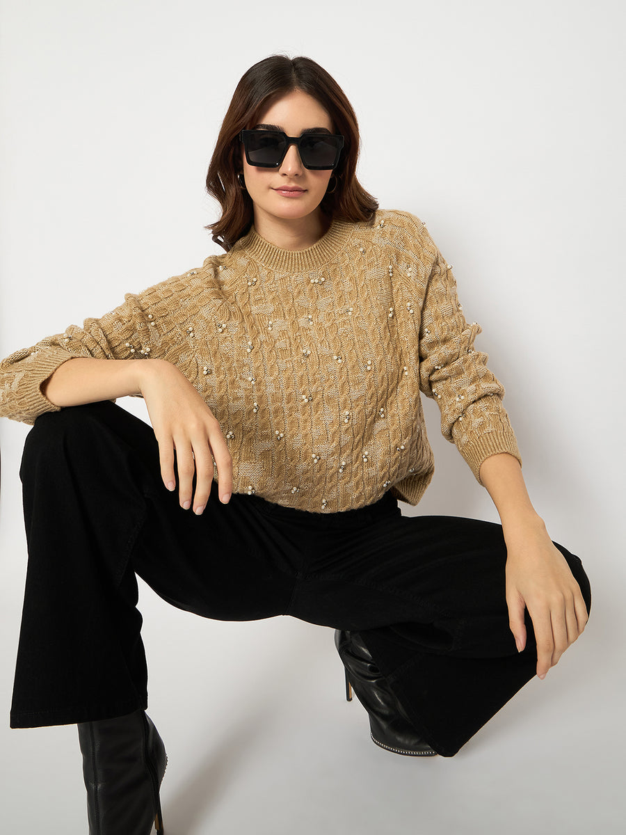 Madame Self Design Crew Neck Brown Sweater