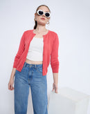 Madame Solid Coral Button Down  Crew Neck Cardigan