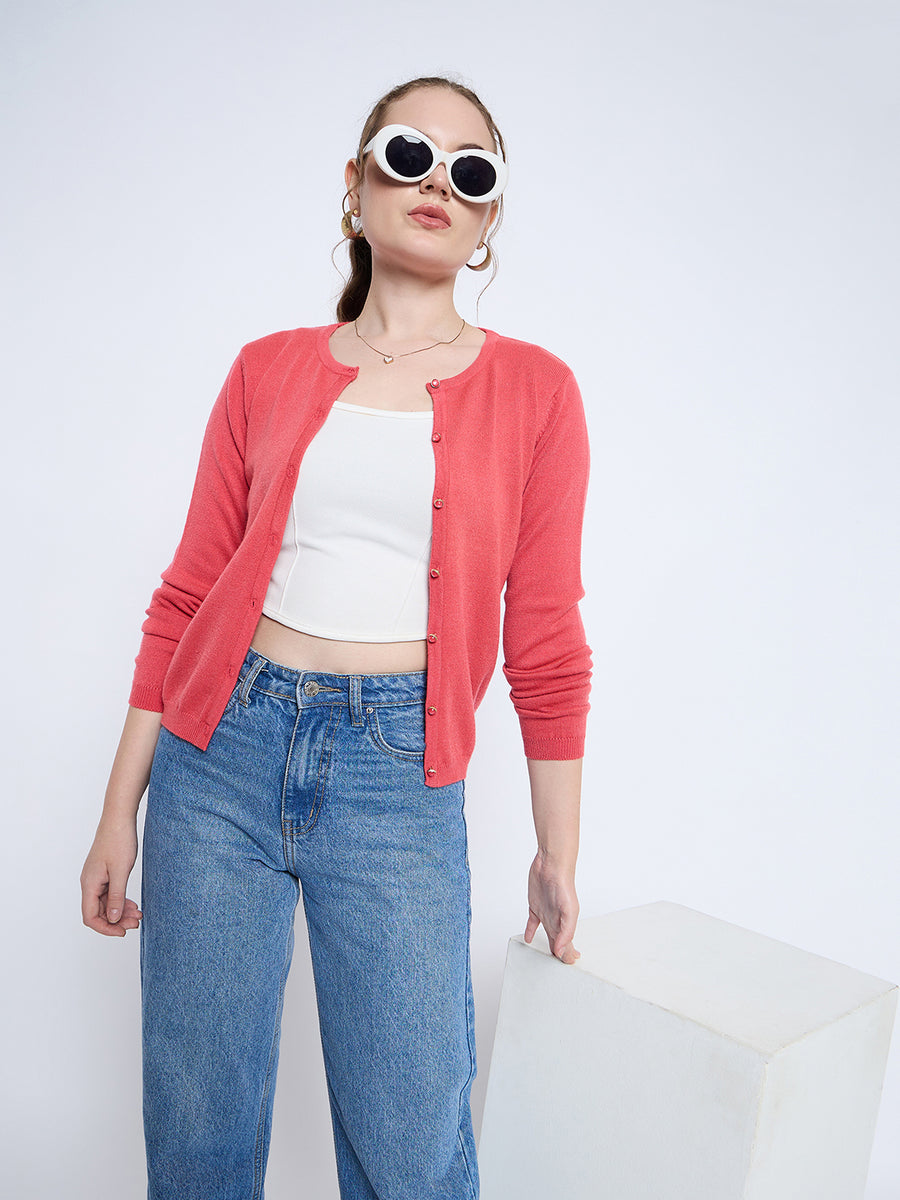 Madame Solid Coral Button Down  Crew Neck Cardigan