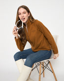 Madame Raglan Sleeve Embroidered Brown Zipped Sweatshirt